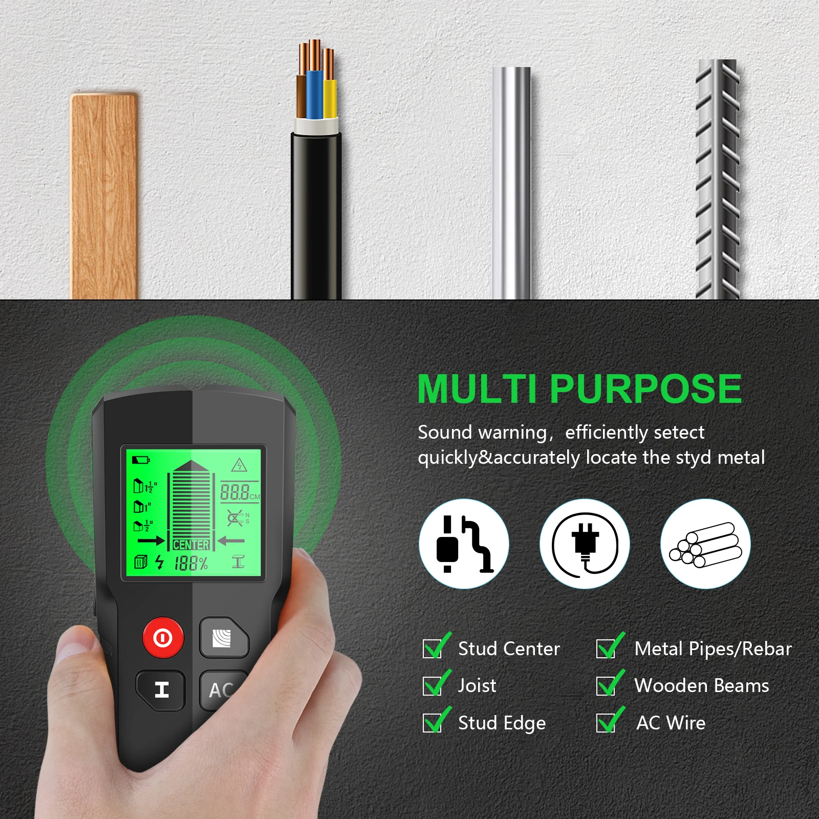 3-in-1 Stud Finder Wall Scanner – LCD Display Metal, AC Wire & Wood Stud Detector With Sound Warning, Ergonomic Design For Easy DIY Hanging