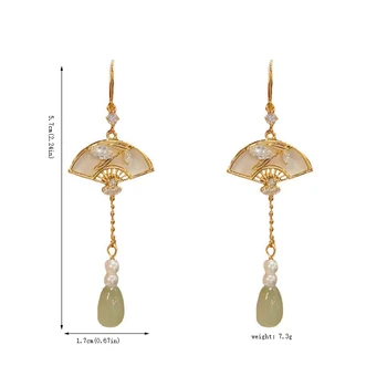 Hot Sale Retro Chinese Style Gold-Plated Earrings Folding Fan Tassel National Fan Pendant Hook Brass Jewelry for Wedding