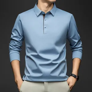 Spring Autumn Men's Mulberry Silk Stand Collar Long Sleeve T-Shirt Eco-Friendly Single Button Light Luxury Feel Print Casual