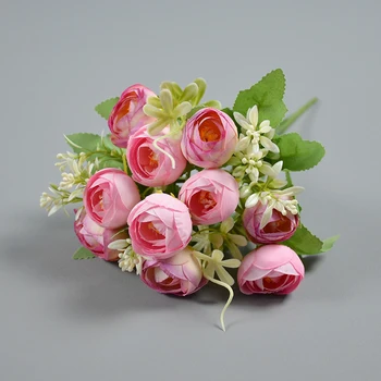 Artificial Rose Bunch Bouquet Artificial Silk Wedding Flower Small Peony Tea Rose for Event Wedding Cake Present Decoration