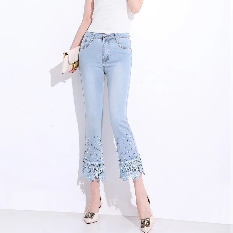 
2021 spring new beaded eight-point micro-flare ladies skinny jeans plus size woman high waist jeans 
