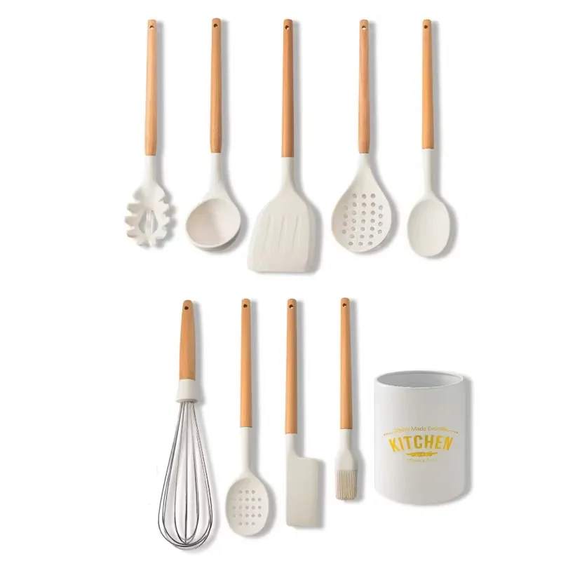 product usse heat resistant non stick silicone kitchenware cooking utensils set wooden handle kitchen utensils set-3