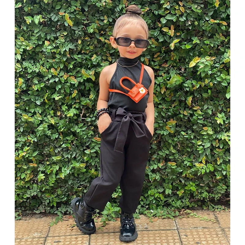 Shop Girls 3pcs Belt Sets Halter Sleeveless Clothes Outfit