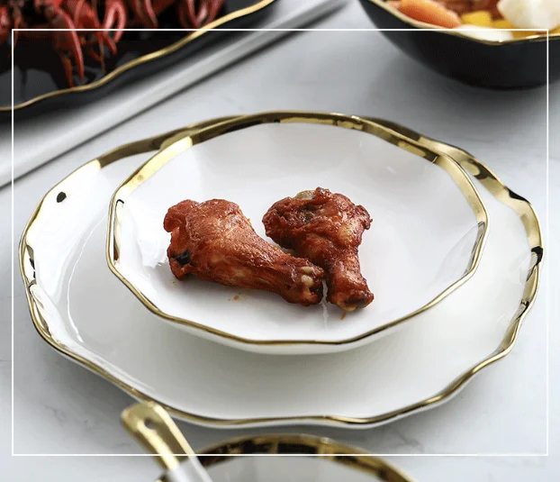 नॉर्डिक रेस्तरां डिनरवेयर सेट सिरेमिक ब्लैक व्हाइट पोर्सिलेन डिनर प्लेट गोल्ड रिम के साथ 11