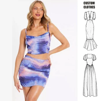 custom 2024 New hot sale elegant  dress for women 2 Piece Short Skirt Set dress sexy mini dress ladies Purple Abstract Mesh Crop