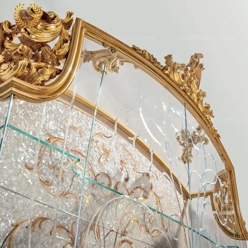 Italian Handmade Custom Furniture Rococo Style Living Room Cabinets Royal Gold Glass Display Cabinet