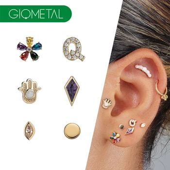Giometal 14K Solid Gold Colorful Flowers Wholesale Q Tops Tragus Helix Palm Conch Daith Body Jewelry Stud Earring Back Piercing