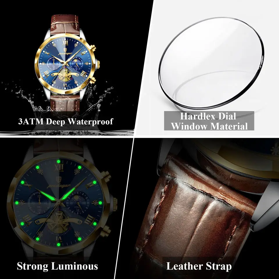 Poedagar 938 Wholesale Leather Strap Watch for Men Quartz Movement Waterproof Luminous C aperçu 6