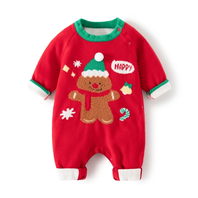 OEM ODM Newborn Baby Red Knit Romper Infant Pure Cotton Thick Warm Jumpsuit for Autumn Winter Xmas Clothes