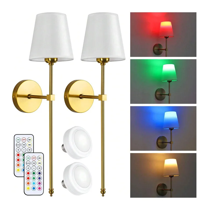 product living room indoor gold rgb dimmable wireless battery operated wall sconce with remote control set of 2 rechargeable wall lights-39