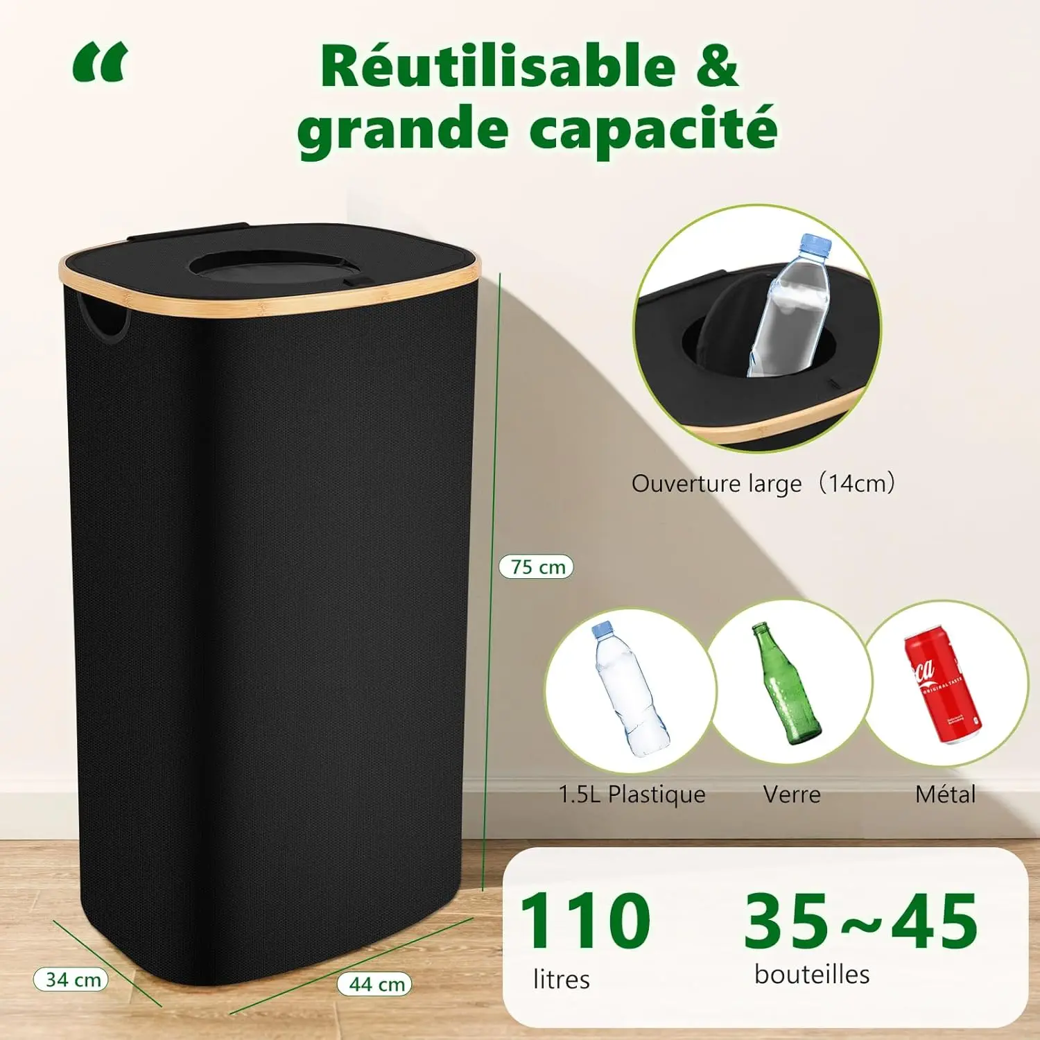 Recycling Bin with Lid 110L Recycling Bottle Storage Bottle Collector Container Compactor Bin for Kitchen Plastic Glass Paper