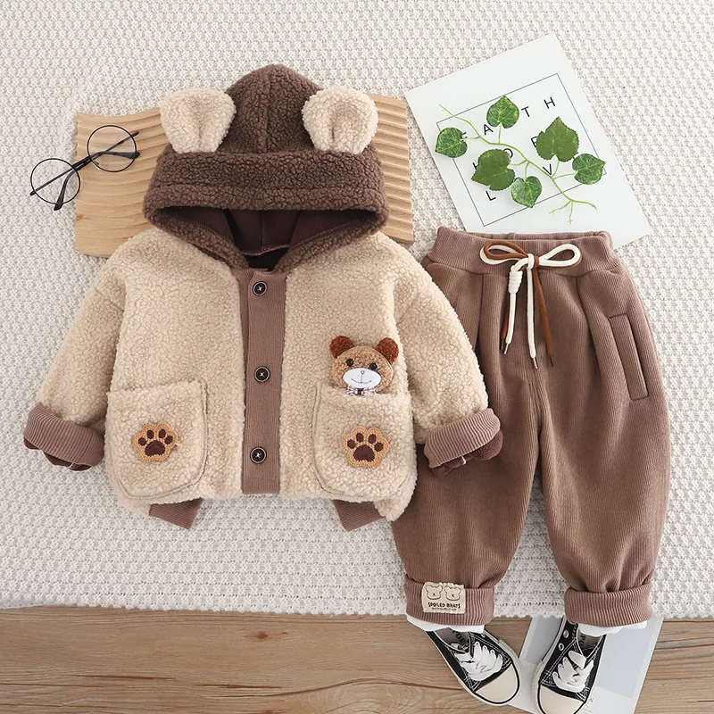 2025 Winter New Boys Fleece Scarf Hooded Long Sleeve Set Baby Warm Pants Two-Piece Clothing for Newborns