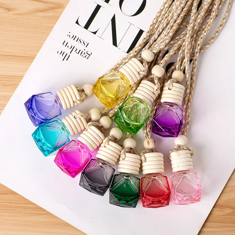 Wholesale 8ml Diamond Shape Hanging Car Essential Oil Fragrance Diffuser Colorful Empty Glass Perfume Bottle Screen Printing