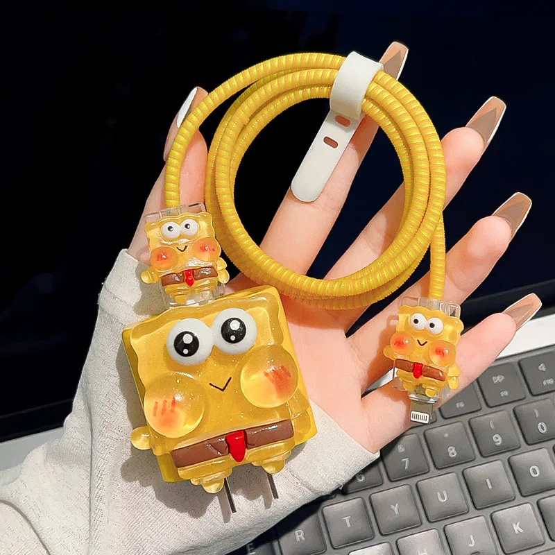 SpongeBob Usb Charger Case Protector for Apple 18W/20W Mobile Phone Accessories Winder Spiral Cable Protector Shell for IPhone