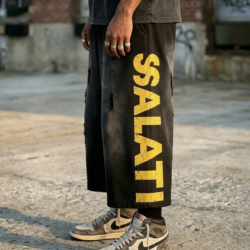 Men's Oversized Knee Length Ripped Distressed Baggy Vintage Acid Wash Sweat Jogger Shorts Drawstring Waist