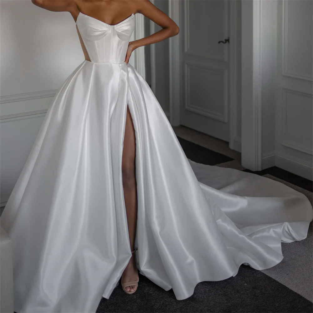 a line beach wedding dress Simple Satin A-line V-neck Court Train Sleeveless Split Wedding Dresses,  SW479 main image 0