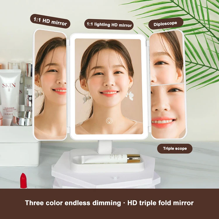 Factory Wholesale Folding 360 Degree Rectangle White Desktop Mirror Trifold Table Mirror Led Light up Mirror