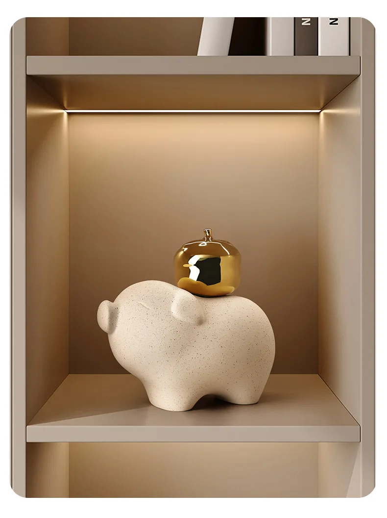 Pig Figurine with Golden Apple Matte Speckled Finish Modern Minimalist Home Decor Living Room Bedroom Shelf Accent