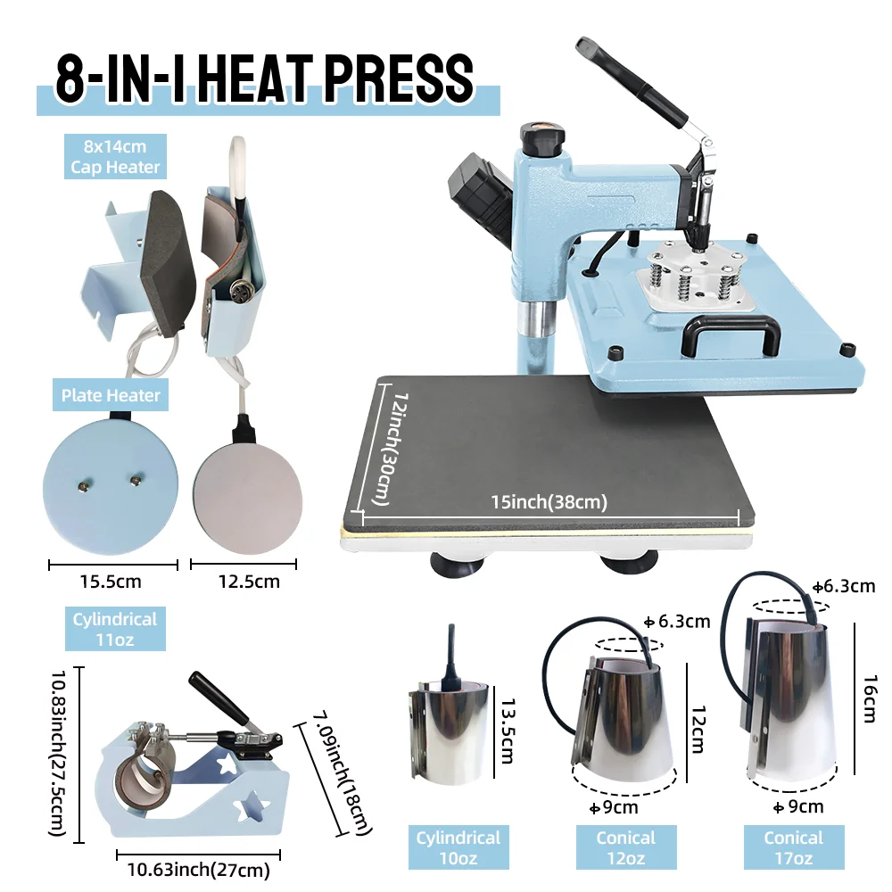 8 in 1 Combo Printing, T-shirt/mug/plate Sublimation Printer Heat Press Machine Factory Direct Sale