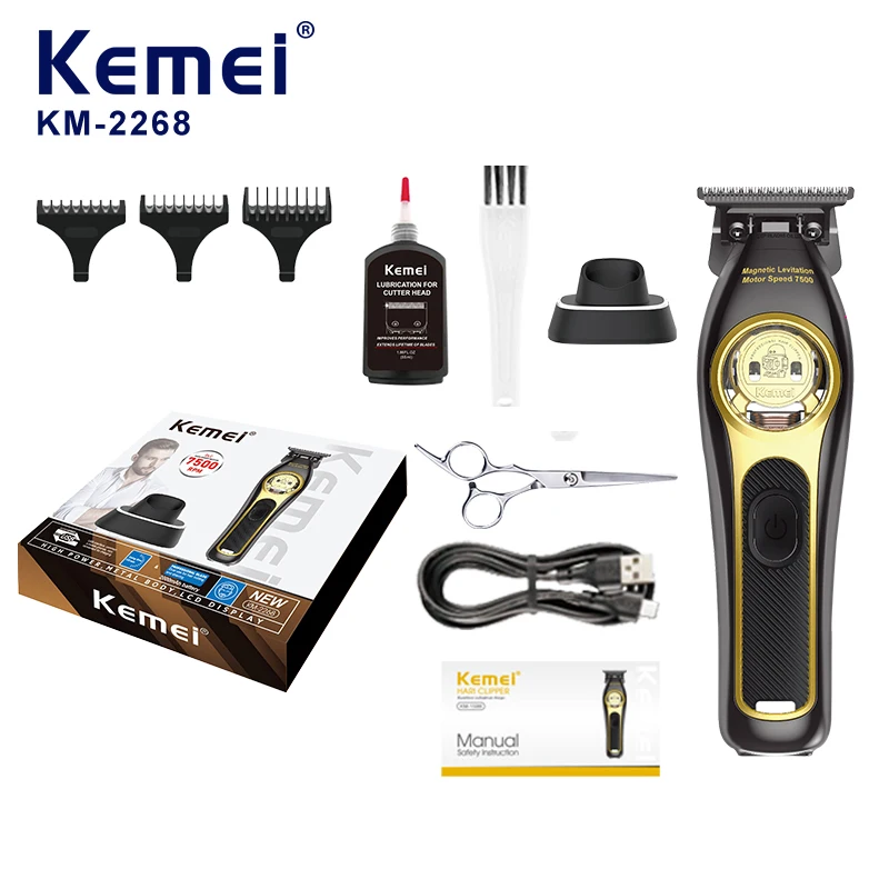 Tondeuses professionnelles pour barbiers Kemei KM2268 avec lames revêtues DLC et station de charge, corps en alliage d’aluminium, tondeuses pour cheveux, présentées dans un coffret cadeau
