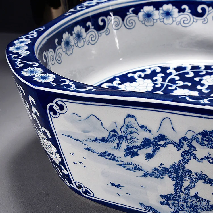 Blue White Rectangular Chinese Hand Painted High Quality Ceramic Art Bathroom Basin for Home and Restaurant
