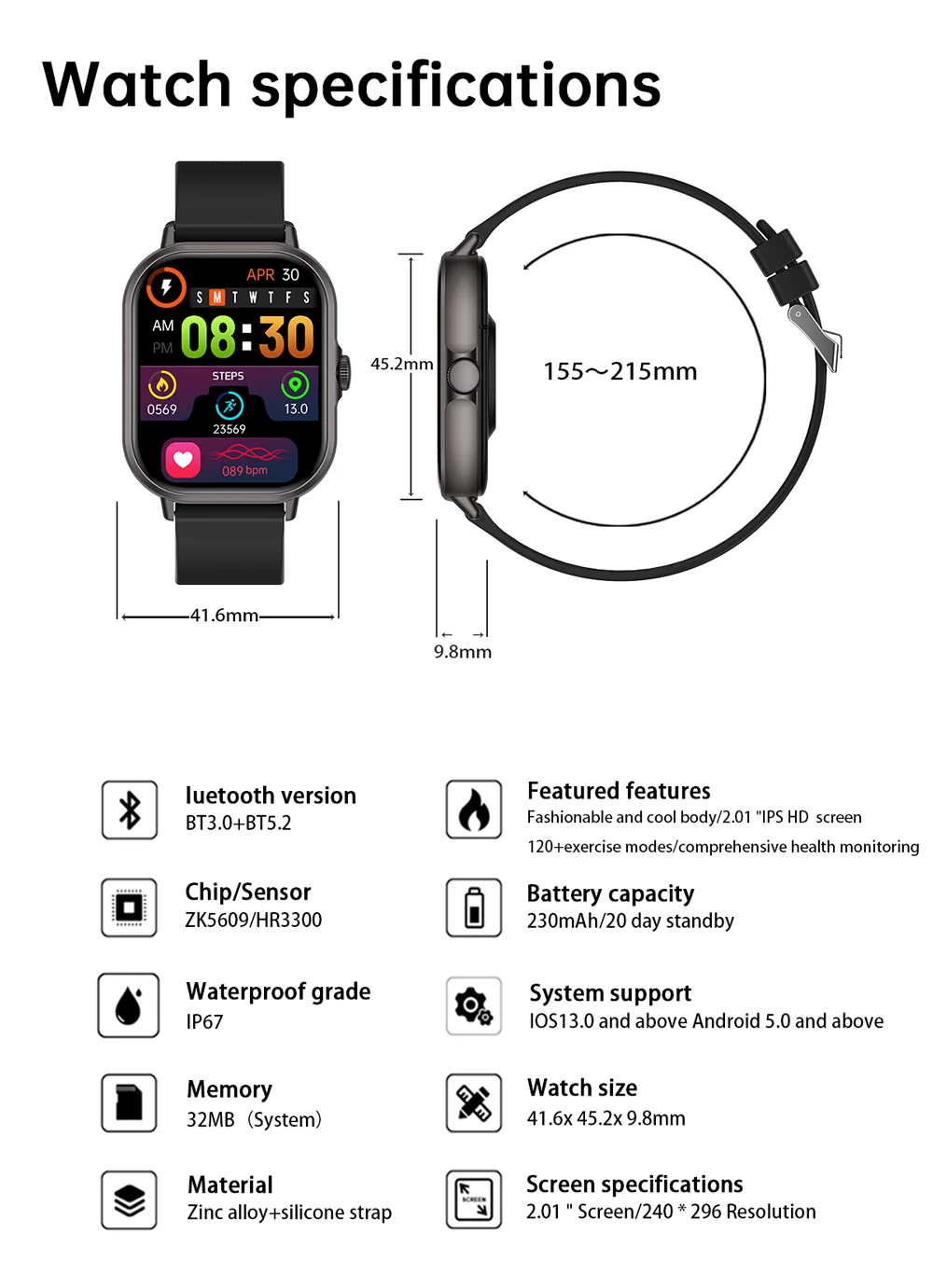 Z15 2.01 Inch IPS Smart Watch with Dafit App BT Call Voice Assistant Compass IP67 Waterproof-2025 Y13 JC20 T2 Pro Smartwatch