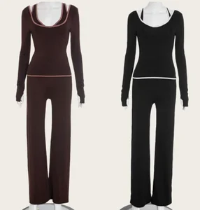 Viviblook Y25ST371 2026 New Street Autumn Women's New Color Blocked V-neck Long Sleeved Straight Leg Pants Set for Women