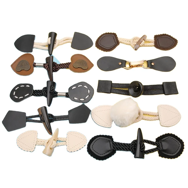 Duffle Coat Jacket Fasteners Toggle With Leather Patch Buckle Buttons Horn Buttons for Overcoat Decor Sewing Accessories