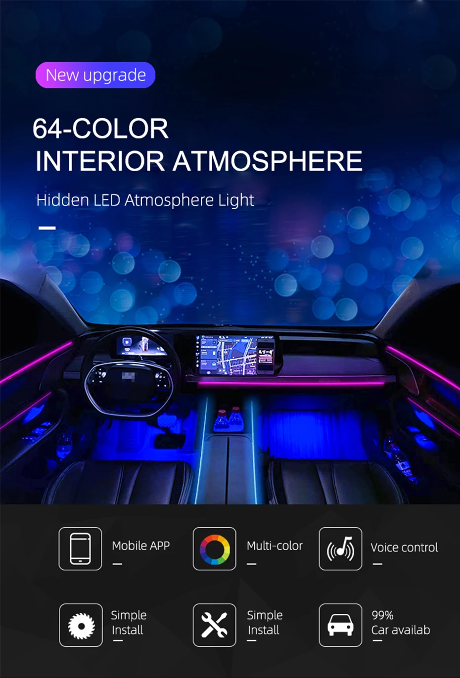 Rgb Car Interior Optical Acrylic Strip Atmosphere Lamp 12v App Sound