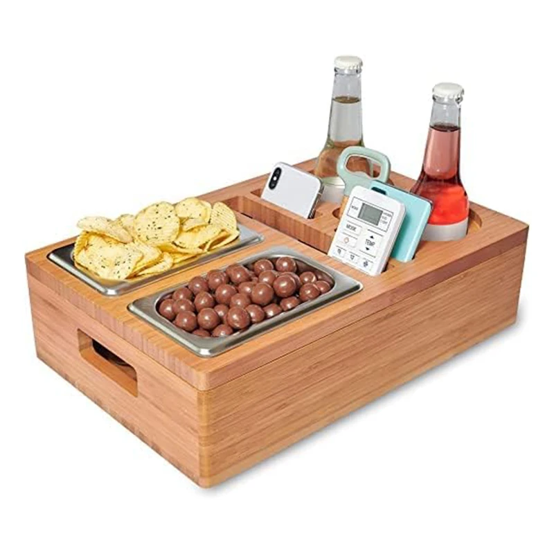 Wholesale 2025 Hot Selling Bamboo Sofa Snack Caddy TV Tray with 2 Red Wine Glass Holder Bed Snack Tray Couch Cup Holder