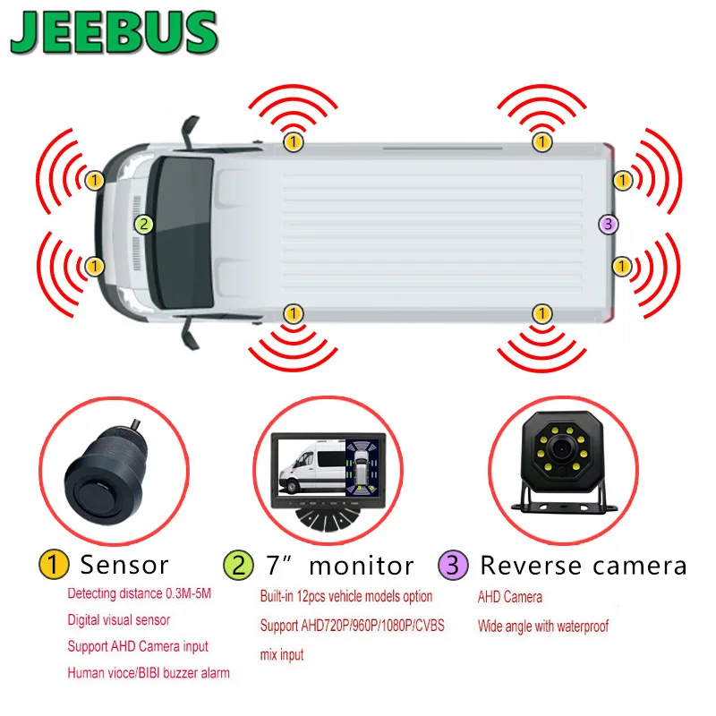 Vehicle Van Camper Parktronic Kit Digital Display Reverse Backup Aid Radar Monitor Camera Parking Sensor System