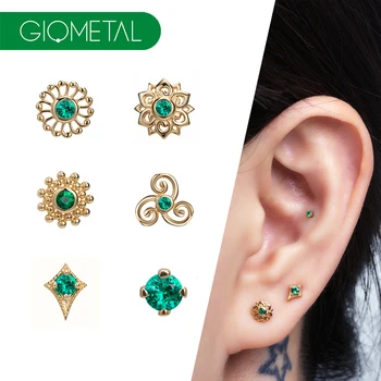 Giometal Emerald 18KT Solid Gold Flower Threadless Ends with Daith Helix Cartilage Piercing Earrings Fine Body Jewelry Wholesale