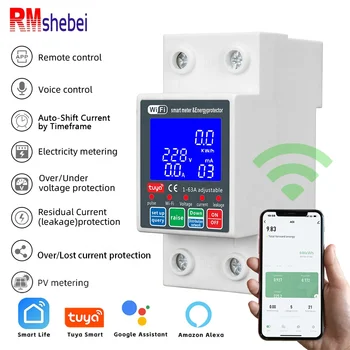 RMshebei Tuya Smart Home Switch 63A 2P MCB Circuit Breaker WiFi PV Metering 220V Voltage Protector Remote Control Din Metering