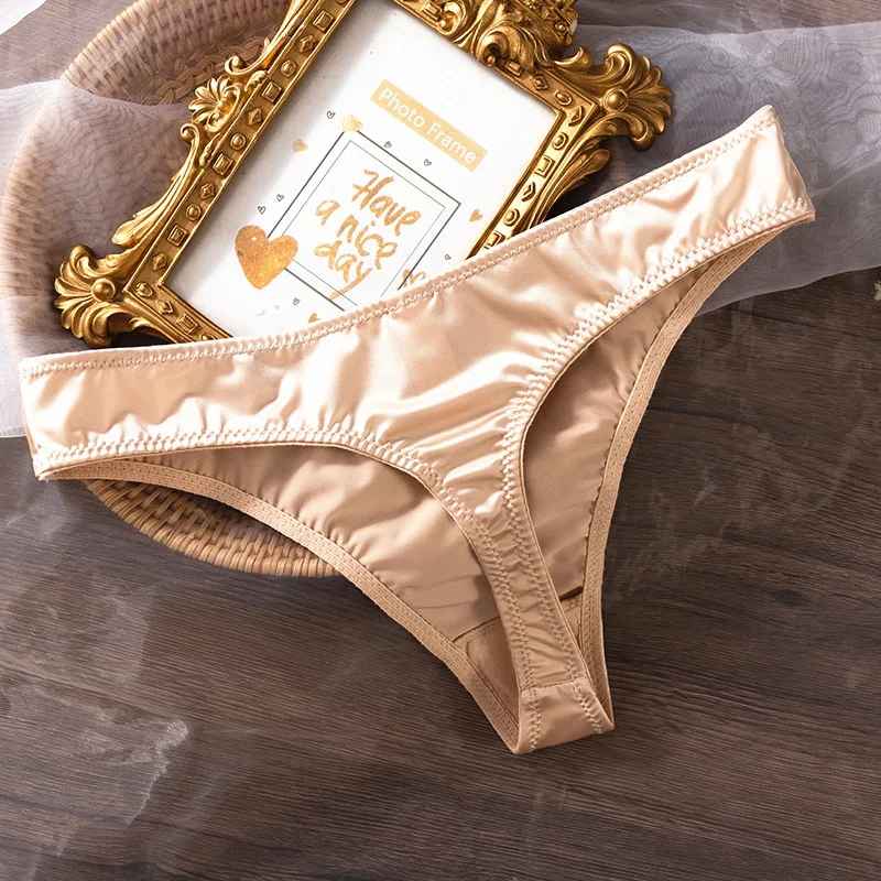 Satin Solid Breathable Seamless Triangle Low Rise Ice Silk Thong Ladies G String Tight Sports Panties