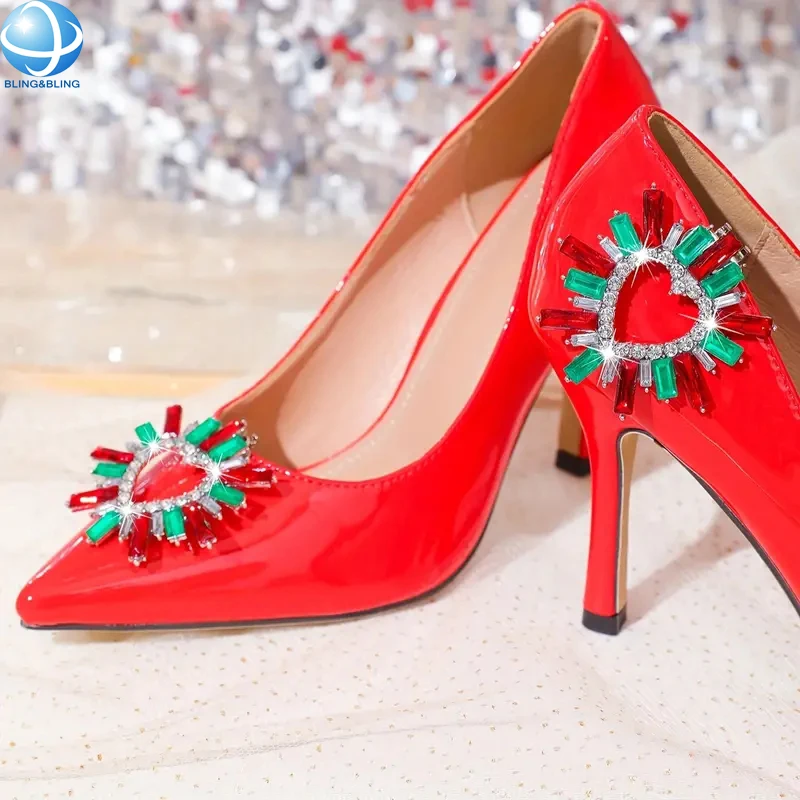 Shiny Green and Red Color Crystal  Shoe Buckle Heart Shape Rhinestone Detachable Shoe Clip for Ladies Shoe Accessory Gifts Jewel