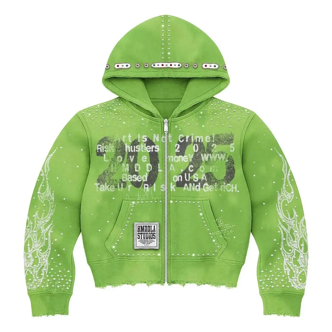 Herrehoodie med acid wash, vintage street-style, oversized boxy fit, crew-neck, heavy-weight 100 % bomuld, med kappe og rhinestones, casual