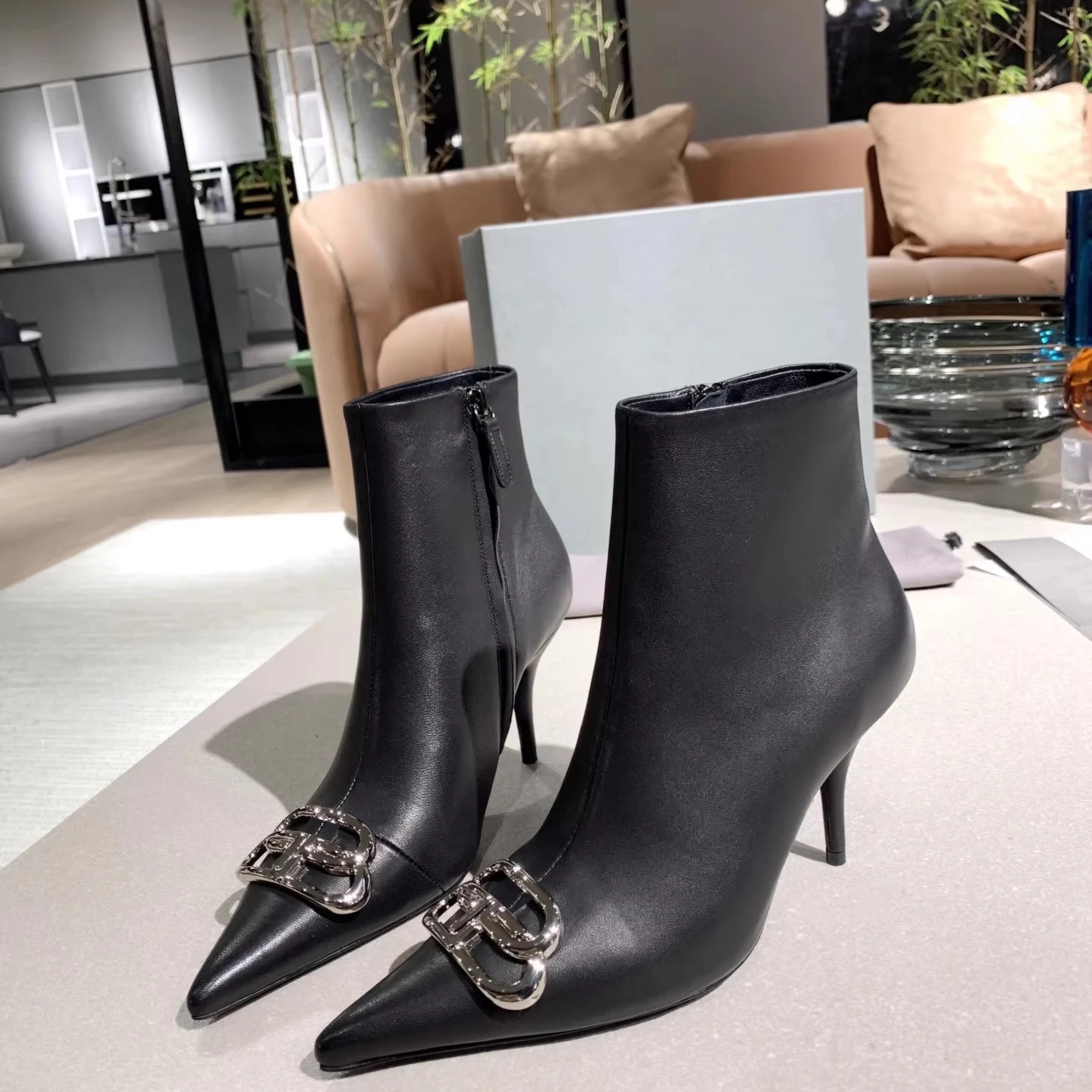 Metal Button Pointed Toe High Heel Boots for Women Short Tube Genuine Leather Slim Boots 2025 Autumn and Winter