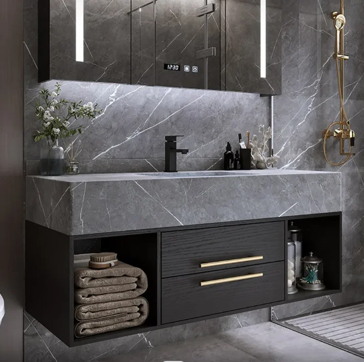 Black Bathroom Storage Fossil Marble Bathroom Vanity With Basin