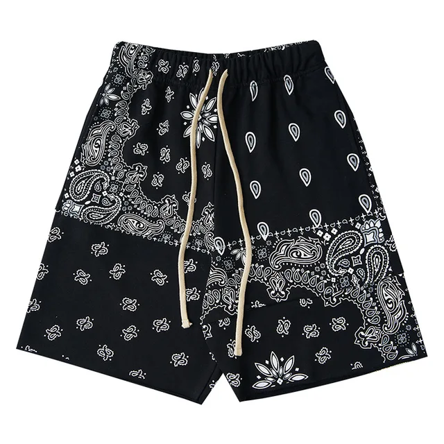 Spring and summer Europe and the United States new personality cashew flower print loose casual drawstring wool ring shorts