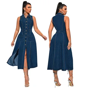 Trendy Women's Plus Size Casual Sleeveless Denim Dress Single Breasted Slit Design Long Jeans for Autumn