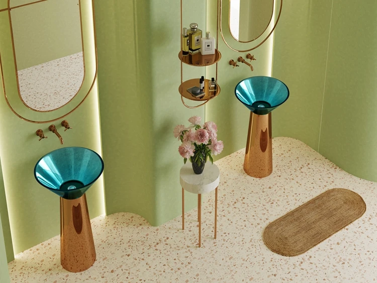 Funnel Shaped Blue Translucent Resin Basin and Rose Gold Stainless Steel Pedestal Combination Freestanding Bathroom Wash Basin