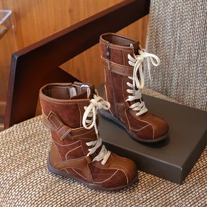 Children's Wholesale Snow Winter Warm Shoes Leather Winter Boots Girl Kid Lace up Snow Boots