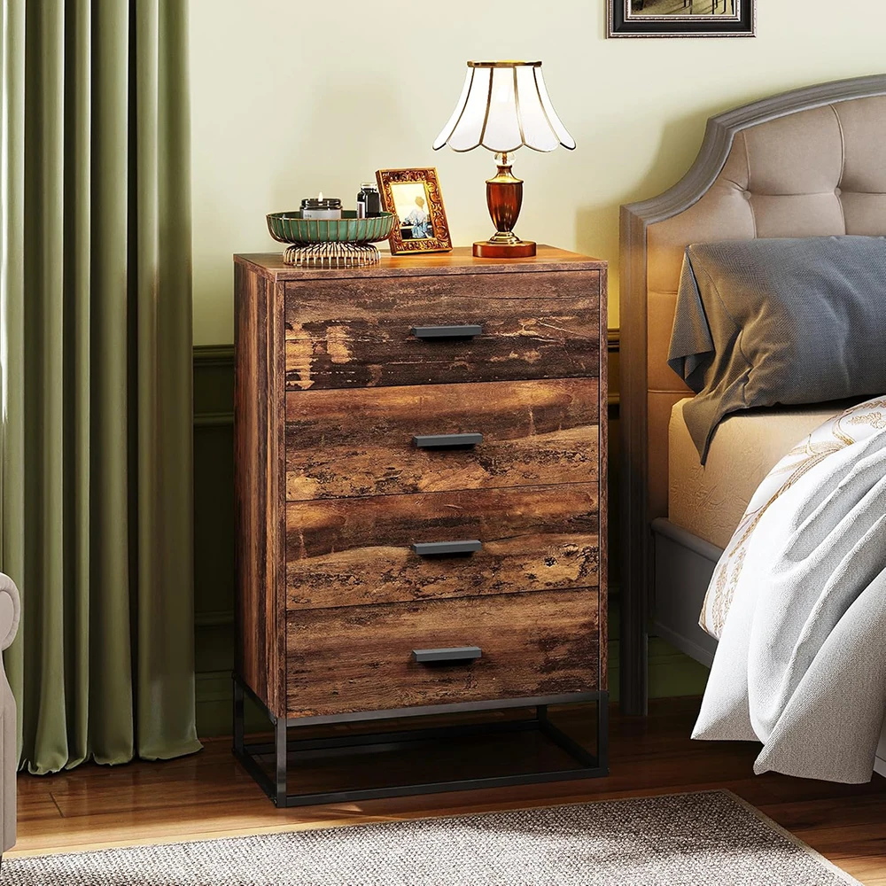 product modern wood dresser with 4 drawers tall sturdy metal frame wooden chest for bedroom  living room brown oak-4