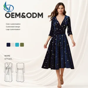 Navy Blue Velvet Mid Skirt Star Printed Evening Dress, Casual Extra Long, Suitable for Parties