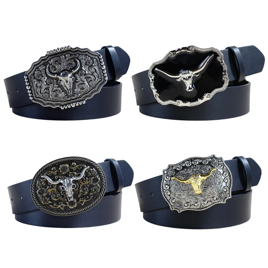 Women Men Floral Engraved Longhorn Bull Buckle Belt Cowboy  display picture 3