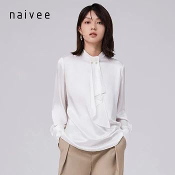 Naivee 2020 women fashion work workplace office ribbon silk white shirt elegant blouses