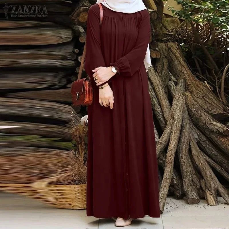 Zanzea Women Vintage Dubai Abaya Turkey Hijab Dress Autumn Sundress Solid  Muslim Islamic Clothing Long Sleeve Maxi