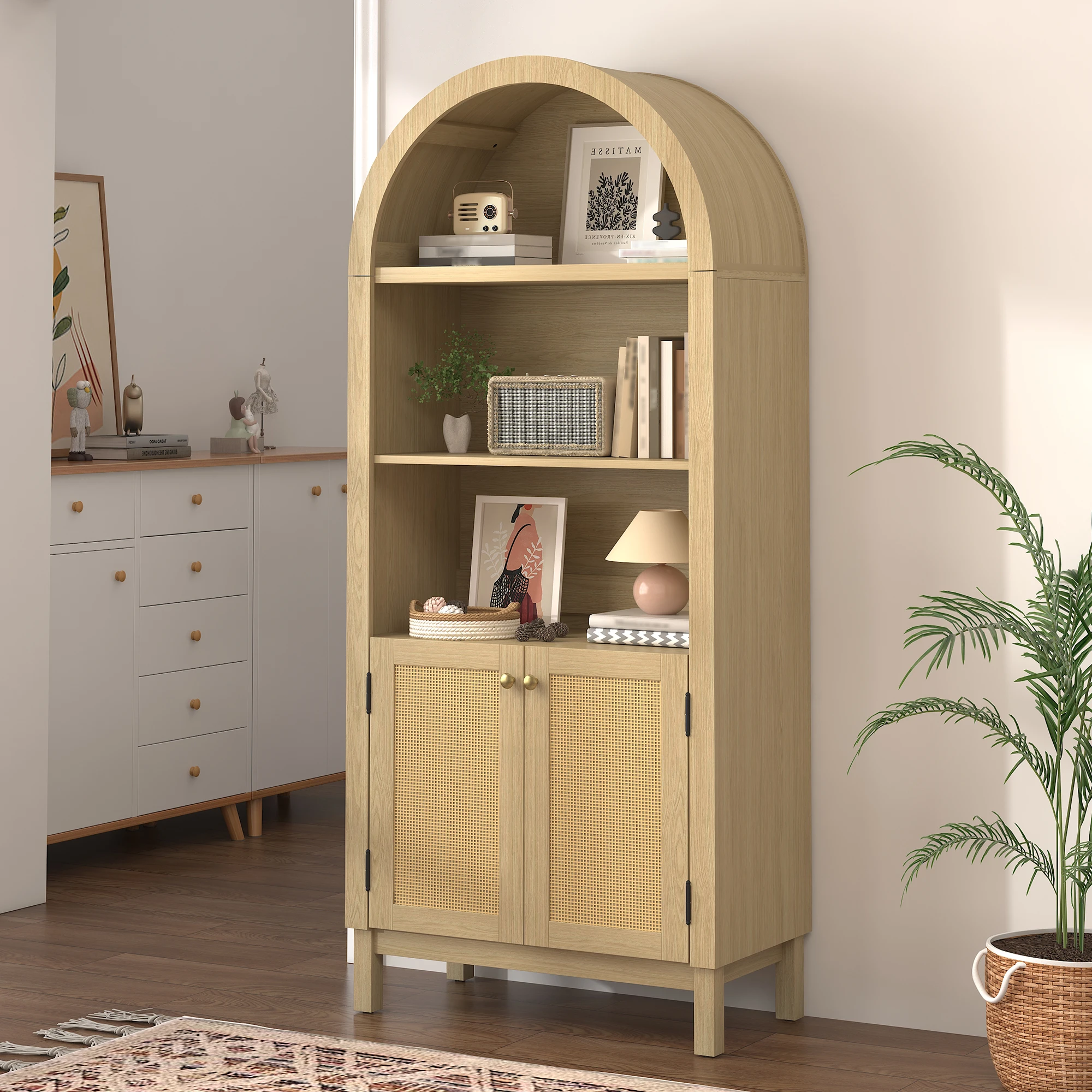 US Stock Modern Scandinavian Style Solid Wood Bookshelf Adjustable Open Display Storage Cabinet