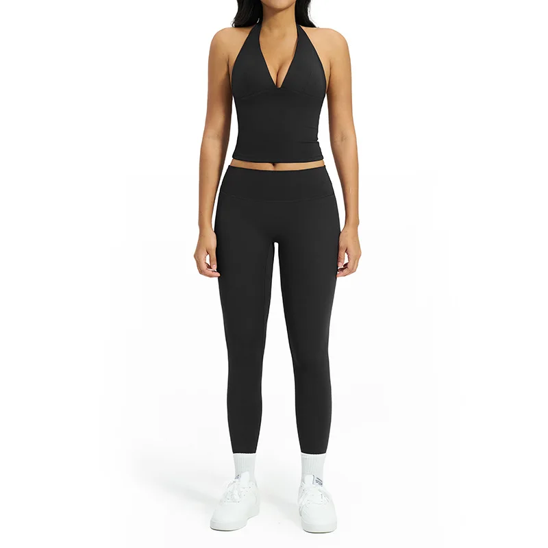 Brushed Solid Breathable Yoga Set V-neck Halter Neck Beautiful Back Tight-fitting 2-Piec detail