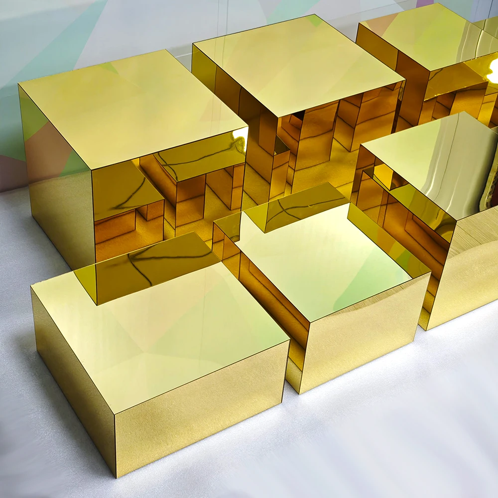 9pcs Set Gold Color Acrylic Risers for Food Display 9pcs Mirror Gold Acrylic Buffet Risers Set